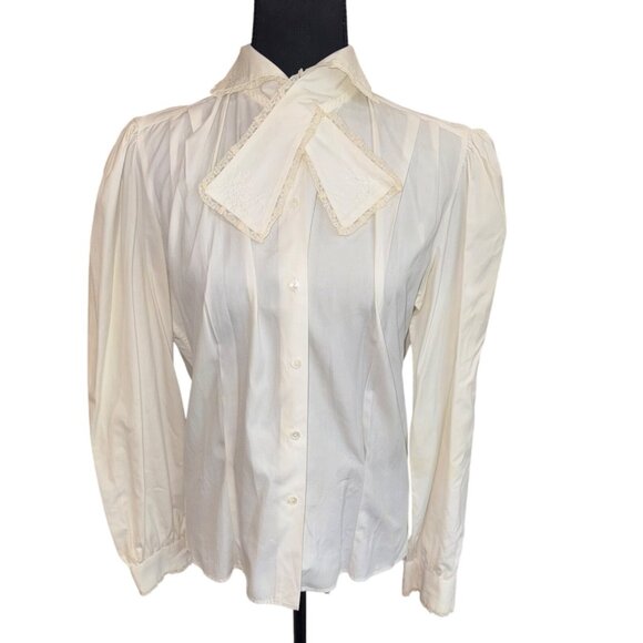 Vintage Ralph Lauren Romantic Prairie Cotton Blouse Lace Trim Embroidered Tie 10 - Picture 1 of 12